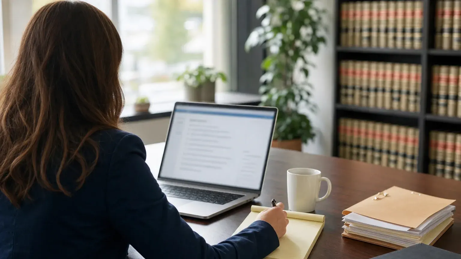 A law firm intake coordinator reviewing an AI-organized enquiry summary on a laptop before deciding the next step