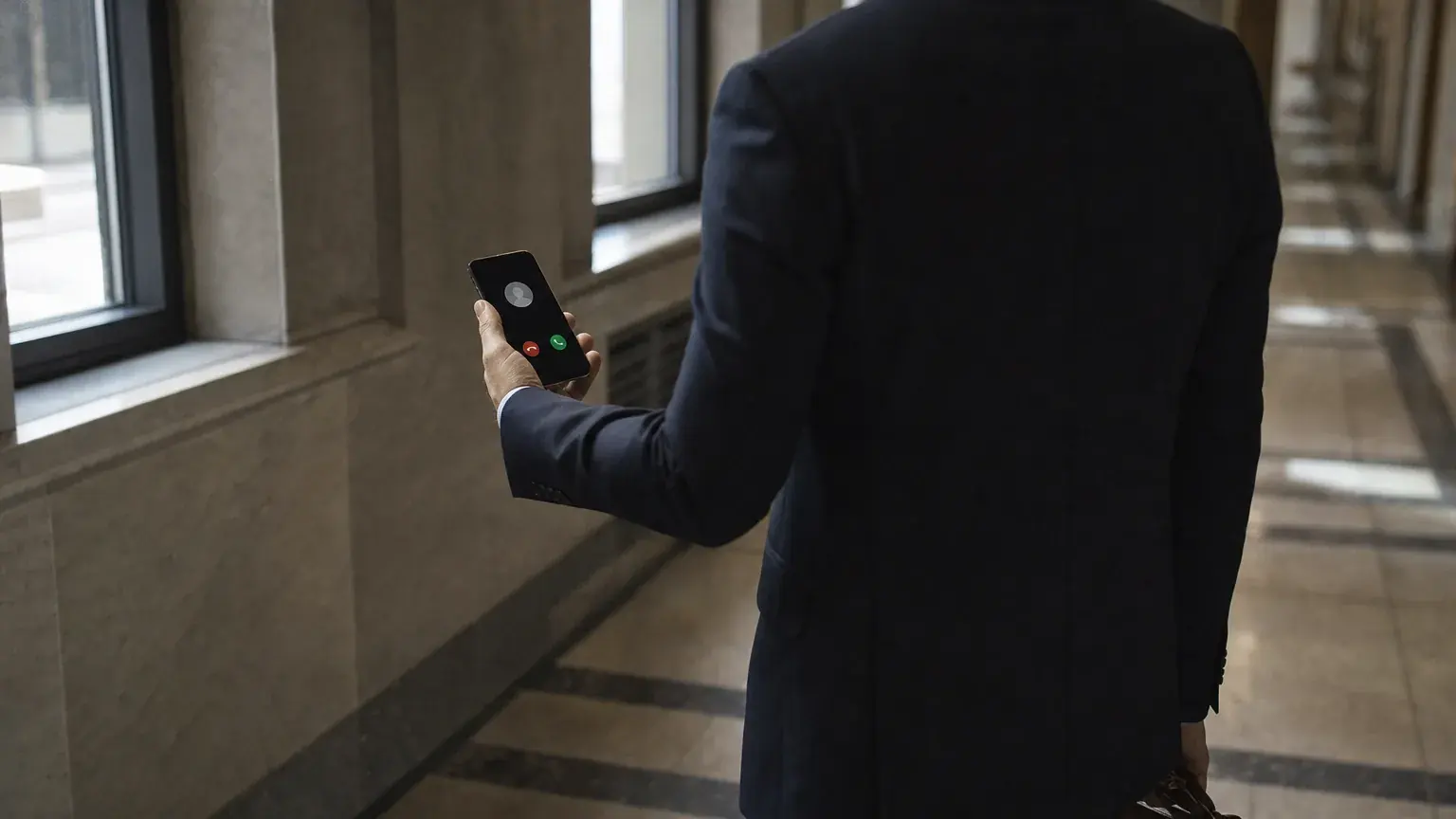 A lawyer walking down a courthouse corridor holding a phone with an incoming call they cannot take, the missed first conversation an AI receptionist for law firms is built for
