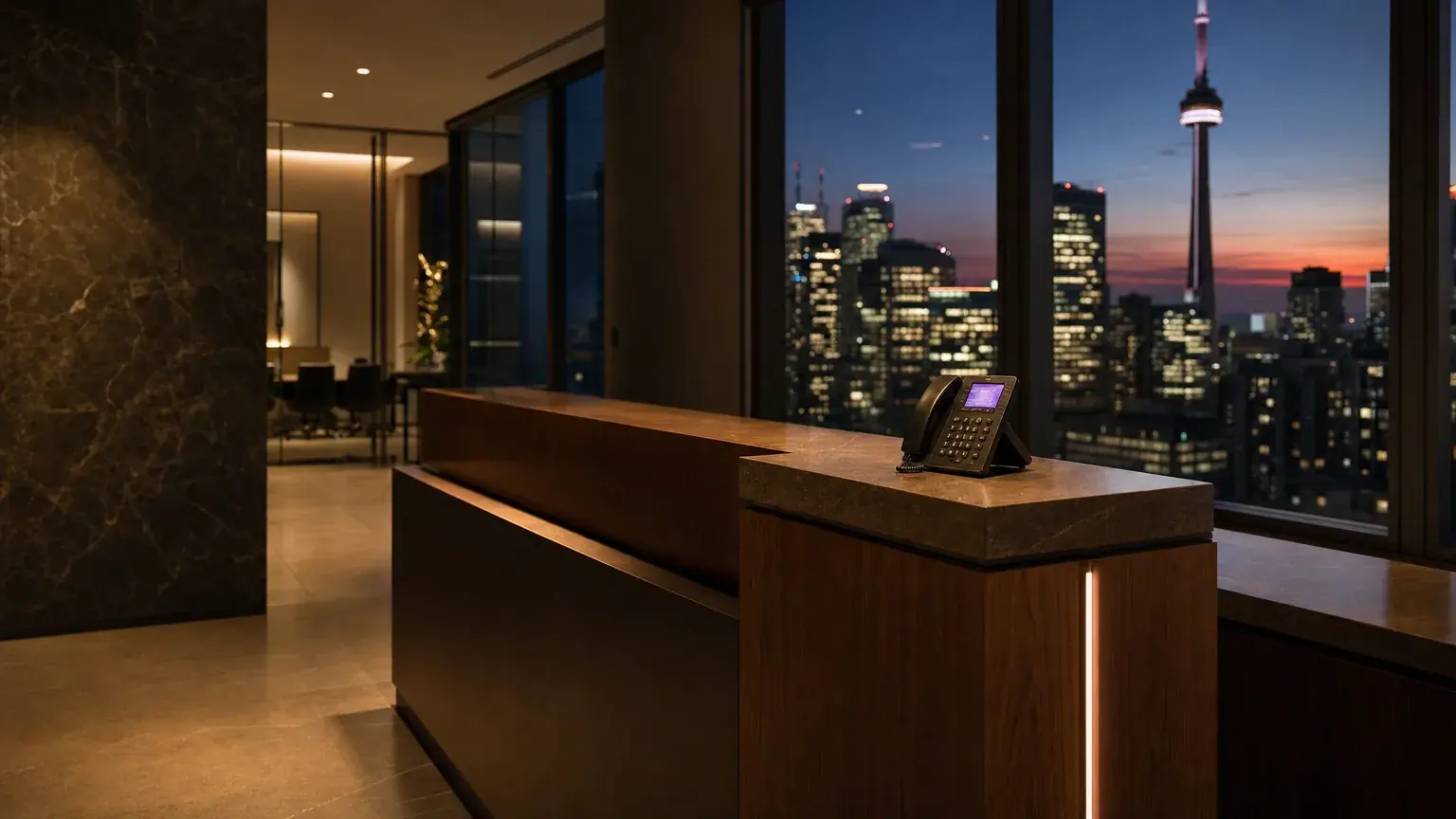 An empty law firm reception desk after hours with a desk phone lit up and the Toronto skyline at dusk, the moment an AI receptionist answers for the firm