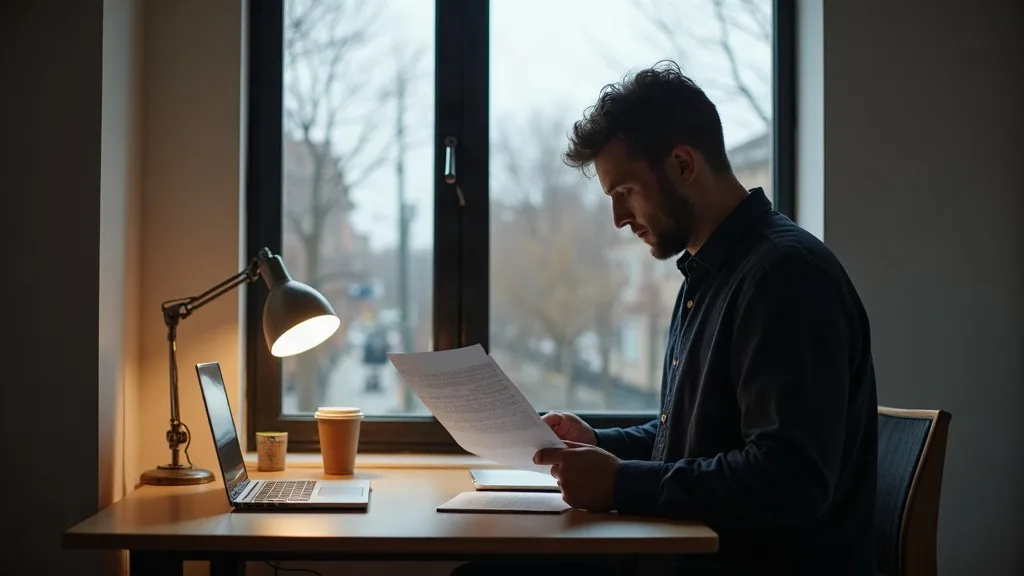 A lawyer in a small Canadian office reading a single printed client enquiry at first light, beside a laptop and a coffee cup