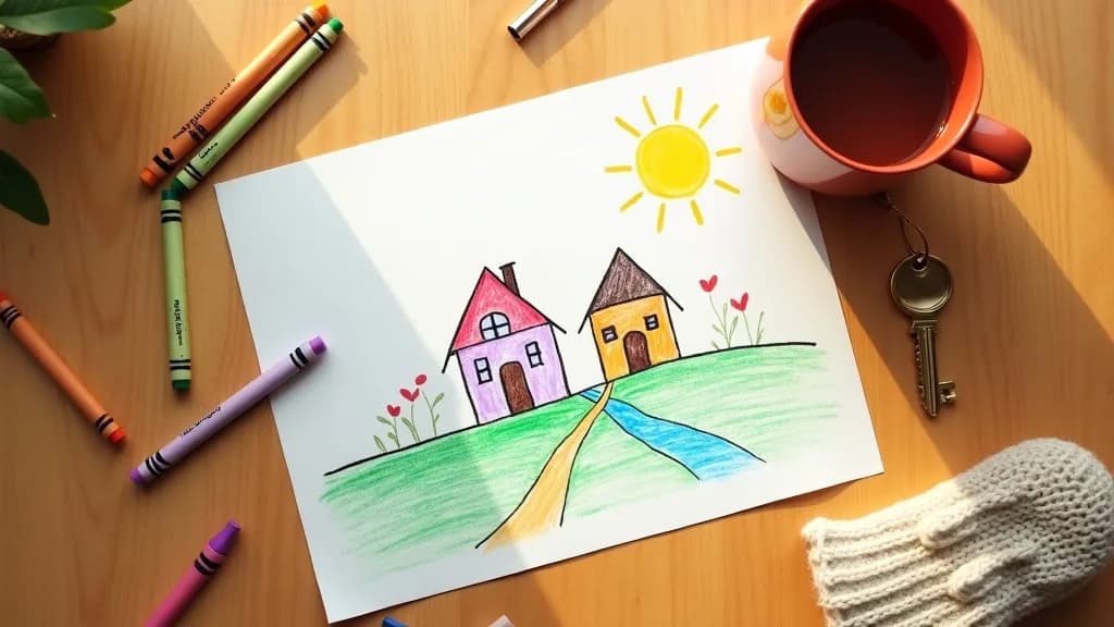 An overhead flat-lay of a child's crayon drawing of two houses connected by a path, with crayons, a house key, a wool mitten and a mug of tea on a warm wooden table