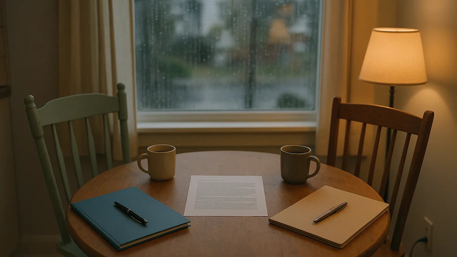 Two chairs facing each other across a small kitchen table at dusk, one agreement between them and a separate folder and pen beside each chair, showing each partner taking independent legal advice on a marriage contract in Ontario