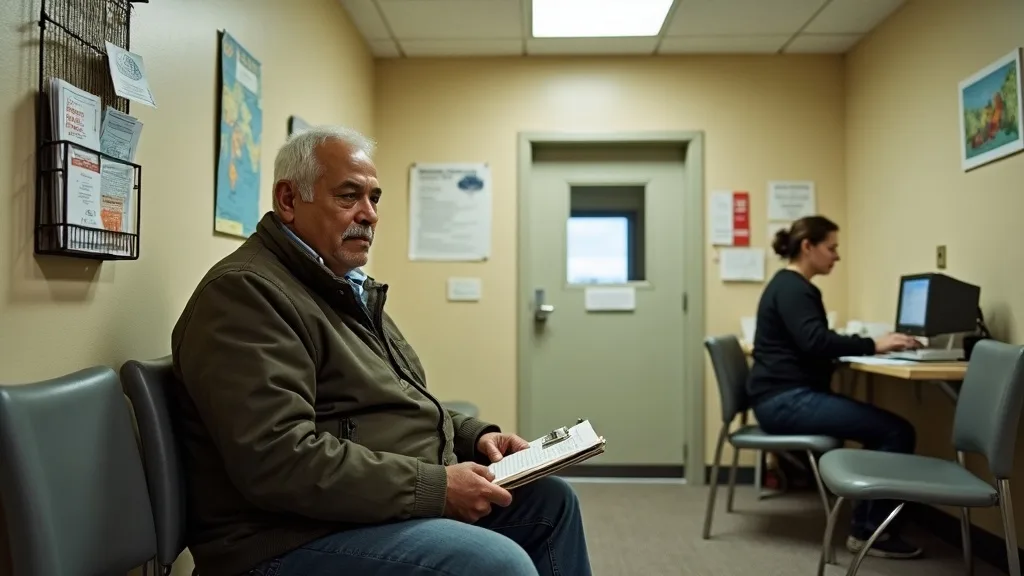 Man waiting with a folder of documents at the intake counter of an Ontario community legal clinic reception area