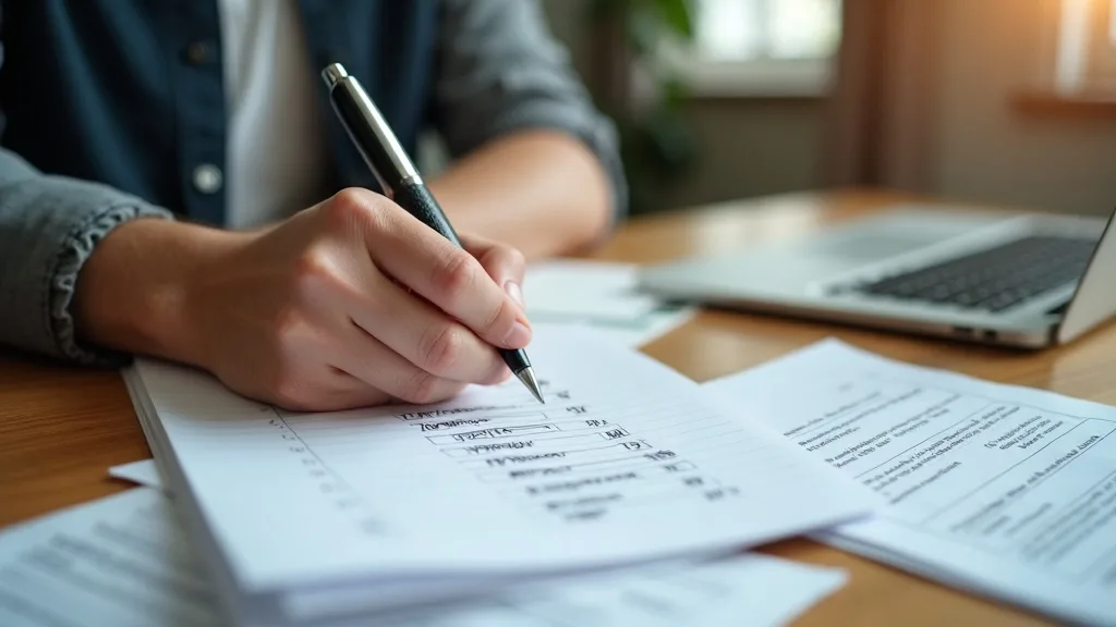 Close-up of an Ontario employee handwriting a dated timeline of workplace changes to document a possible constructive dismissal claim, contract and laptop on the desk