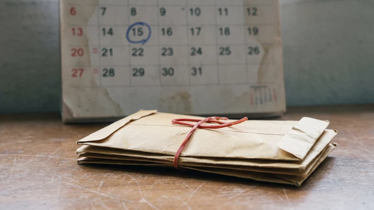 A bundle of unopened brown CRA envelopes held by a red elastic band on a kitchen table, with a wall calendar behind showing one date circled in blue ink