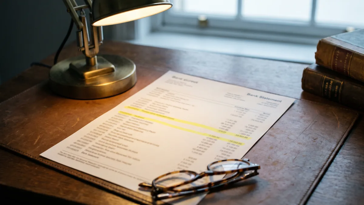 A printed bank statement on a desk under a lamp with one line marked in yellow highlighter, the surrounding figures falling into soft focus