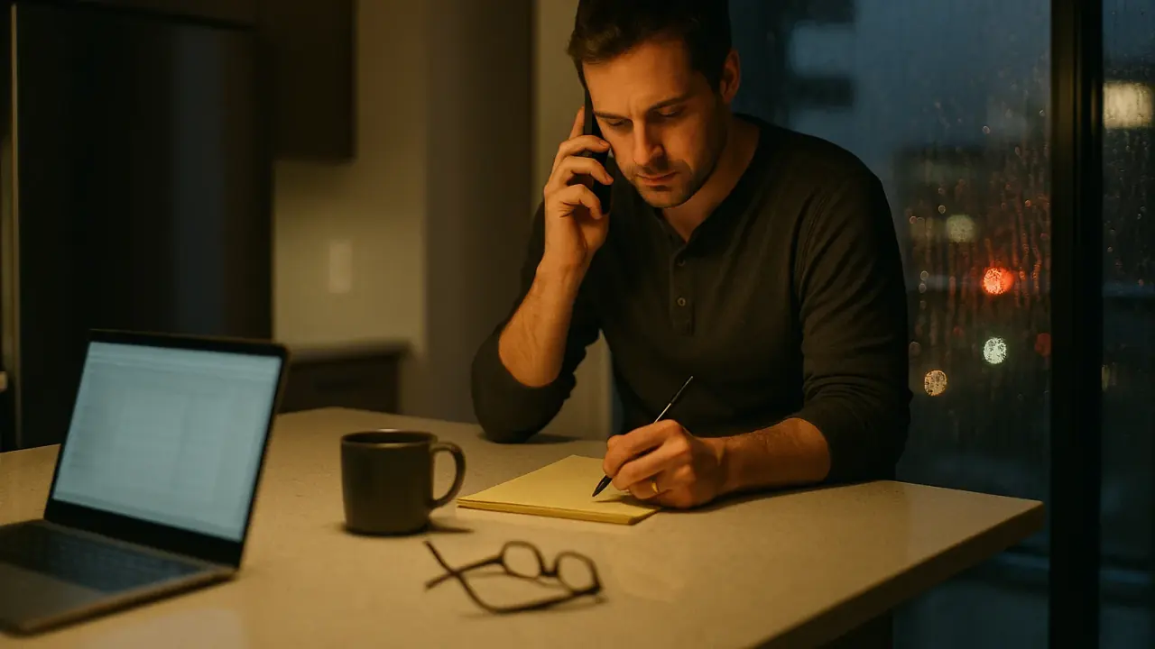 A man standing at a condo kitchen island on a rainy evening, phone to his ear and pen on a legal pad, taking notes during an anonymous CRA pre-disclosure discussion before a voluntary disclosure