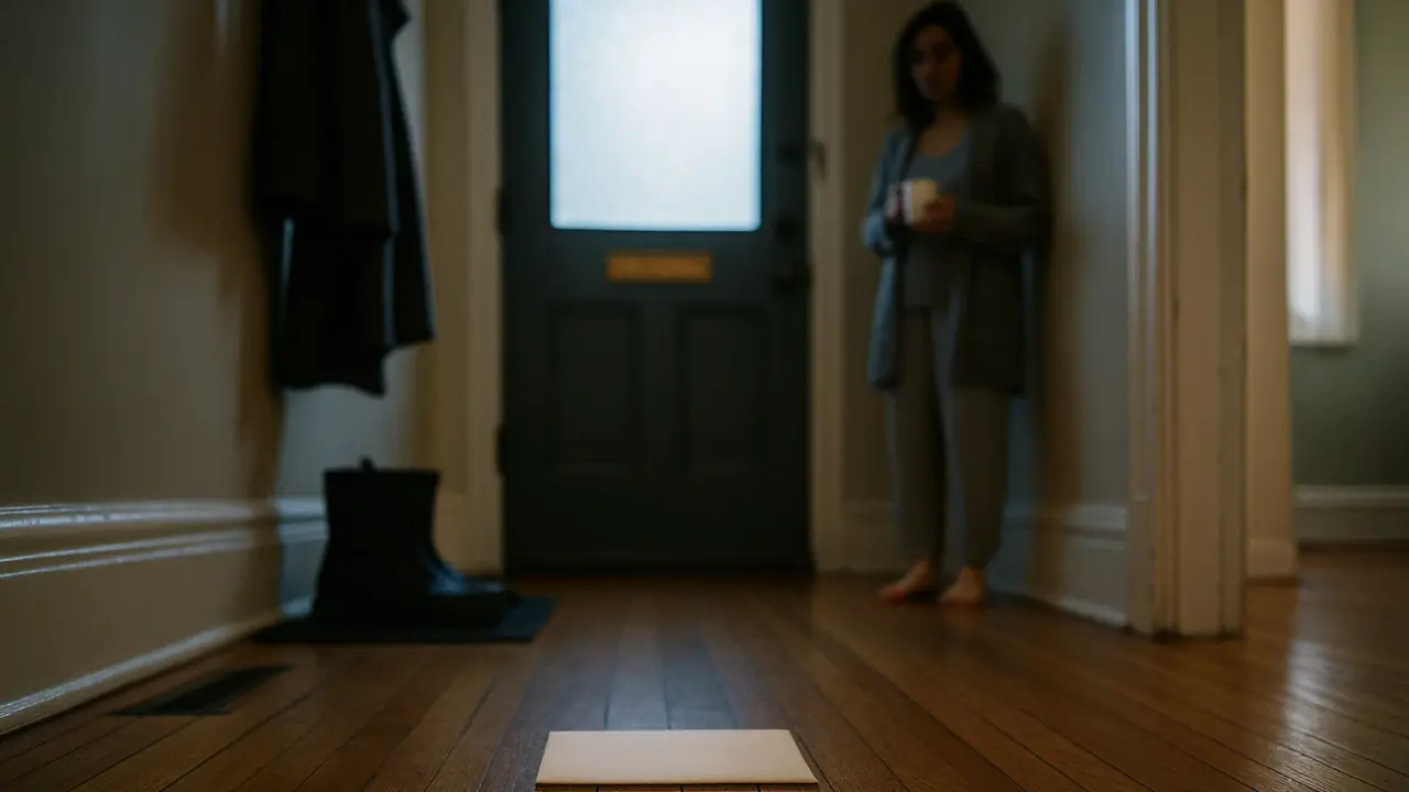 A plain envelope lying on a hardwood hallway floor beneath a front door mail slot while a woman holding a coffee mug hesitates behind it, the moment that decides CRA voluntary disclosure relief