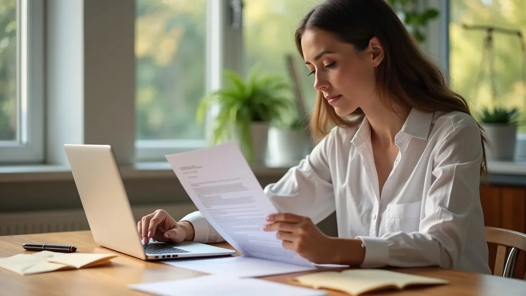 A Canadian woman in her thirties at a bright kitchen table proofreading a printed demand letter before mailing it, laptop and sealed envelope beside her