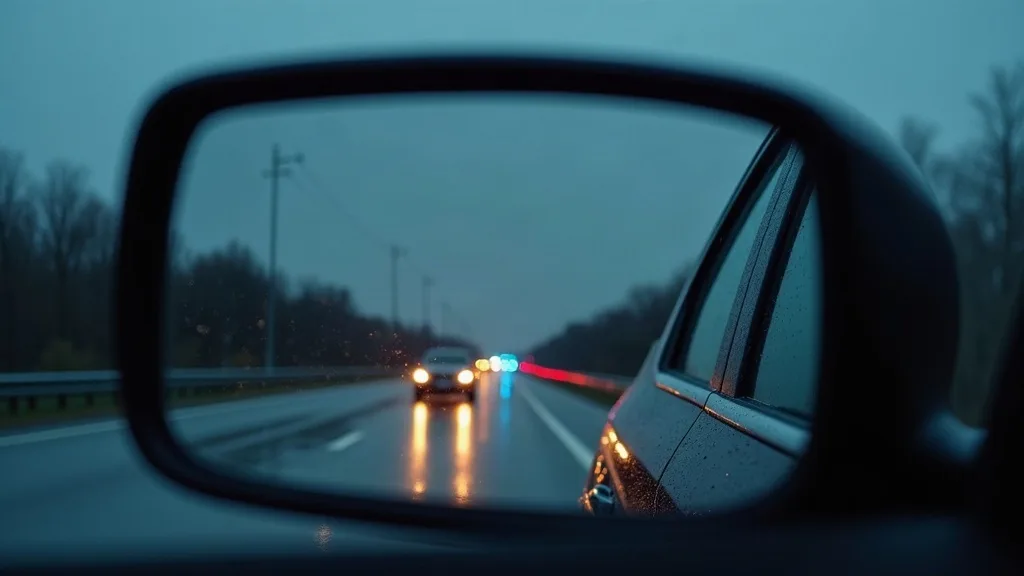 Demerit points Ontario: a car side mirror on a wet Ontario highway at dusk reflecting headlights and a distant glow of emergency lights behind the driver