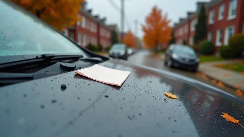 Demerit points Ontario: a folded paper slip resting on the rain-beaded hood of a car beside the windshield wiper on a residential Toronto street in autumn
