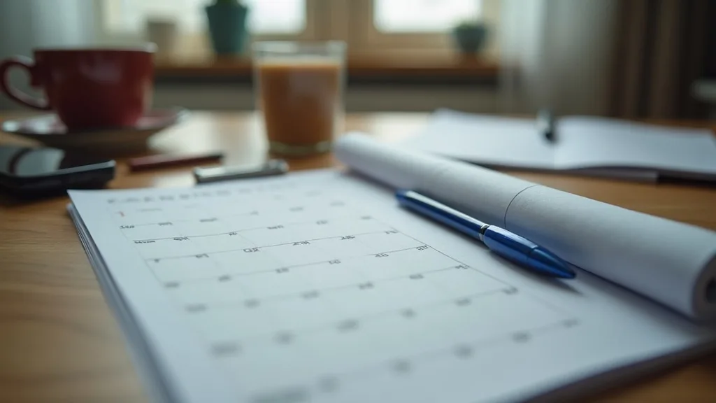 A paper calendar page on a wooden kitchen table with a blue pen and a rolled printed form beside a mug, counting the notice period on an Ontario eviction notice