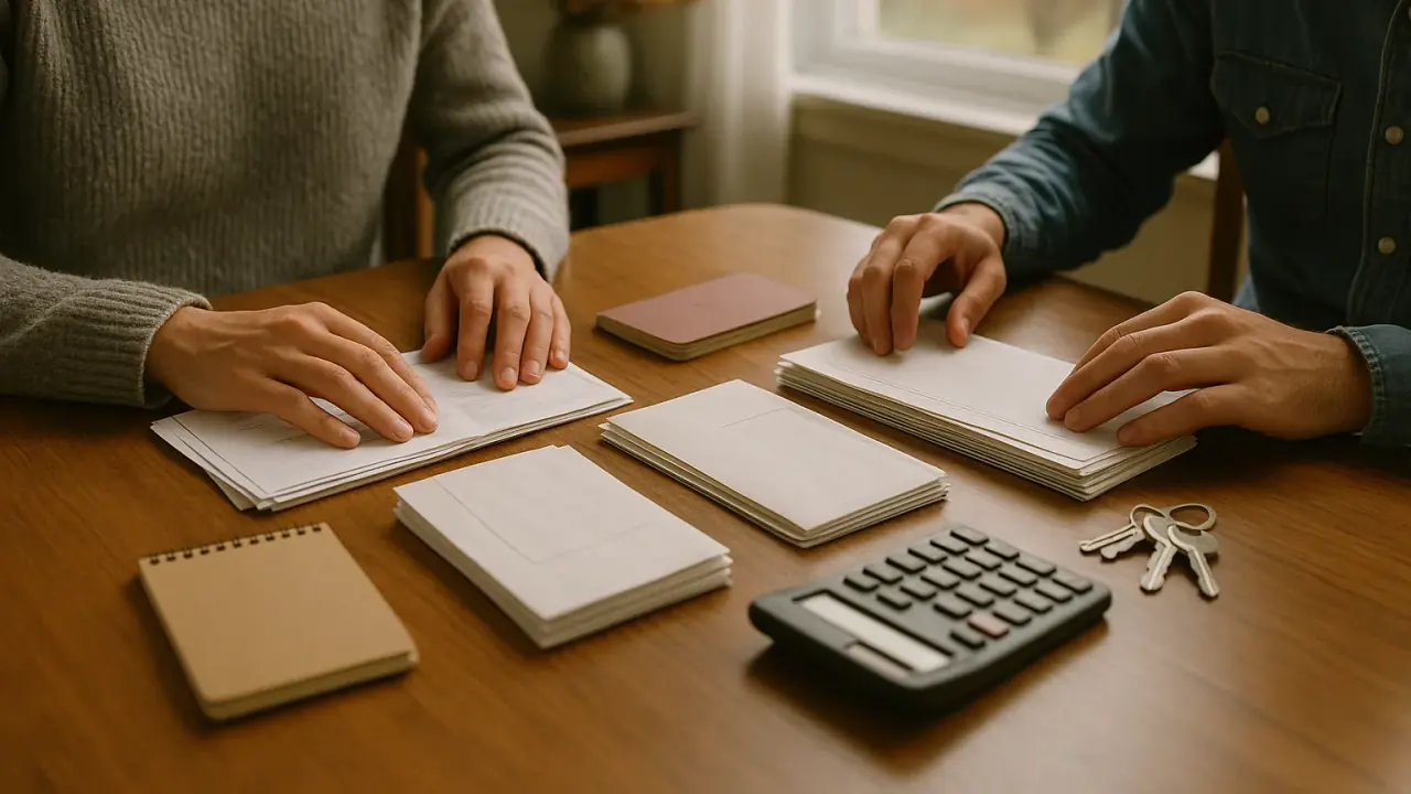 Two adult siblings sorting a late parent's statements, envelopes and a passbook into piles on a dining table with a calculator and keys, preparing estate accounts that support an executor's compensation claim in Ontario