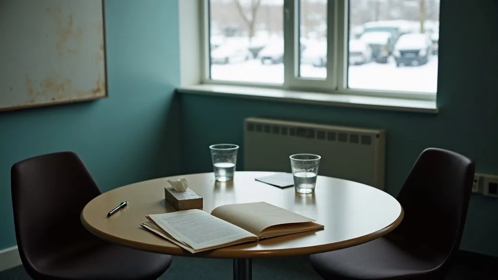 A small quiet mediation room in a Canadian community centre with two chairs facing each other across a round table, one shared folder open, snow on the window ledge, representing a lower-cost path through an Ontario divorce