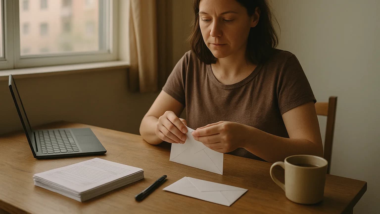 A woman at a sunlit desk sealing an envelope beside a stack of divorce forms, a pen and a laptop