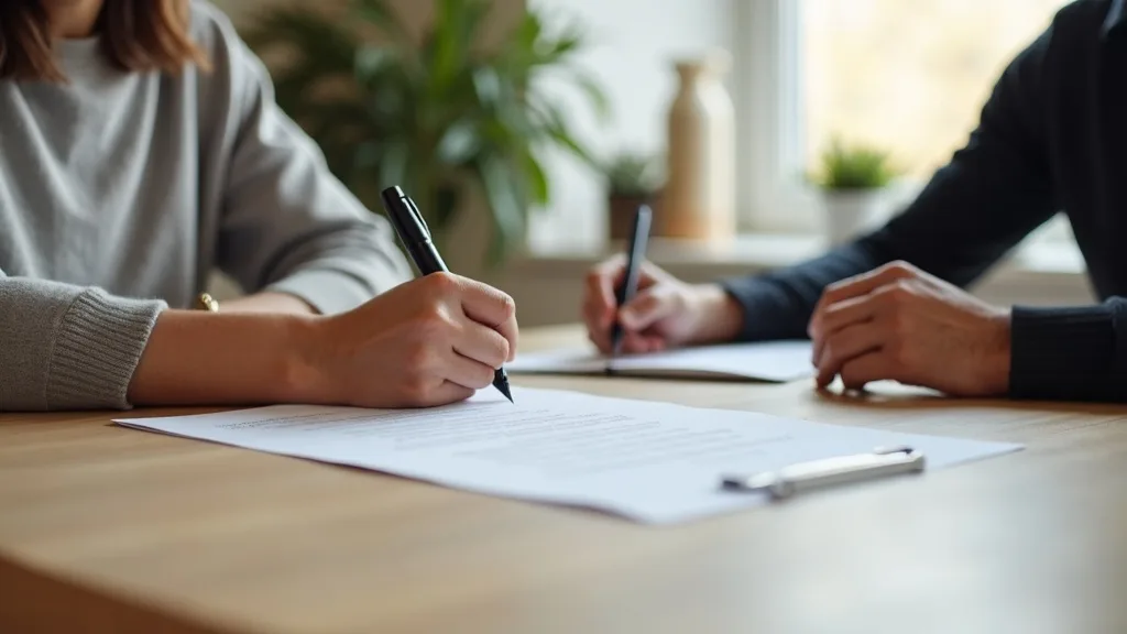 A person signing their will at a table while two witnesses look on in a bright Ontario home