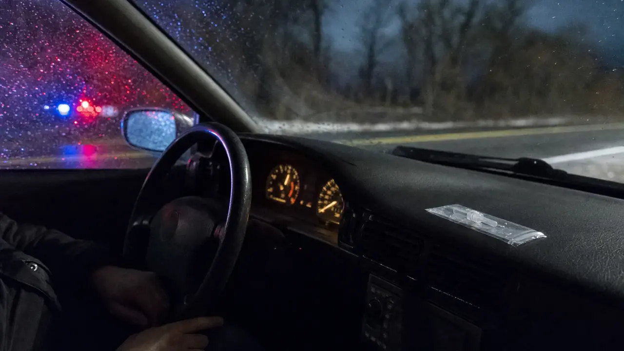 A sealed breath-test mouthpiece in its plastic wrapper on a car dashboard at night while police lights glow through the rain on the driver's window, the first minutes of an impaired driving stop in Ontario