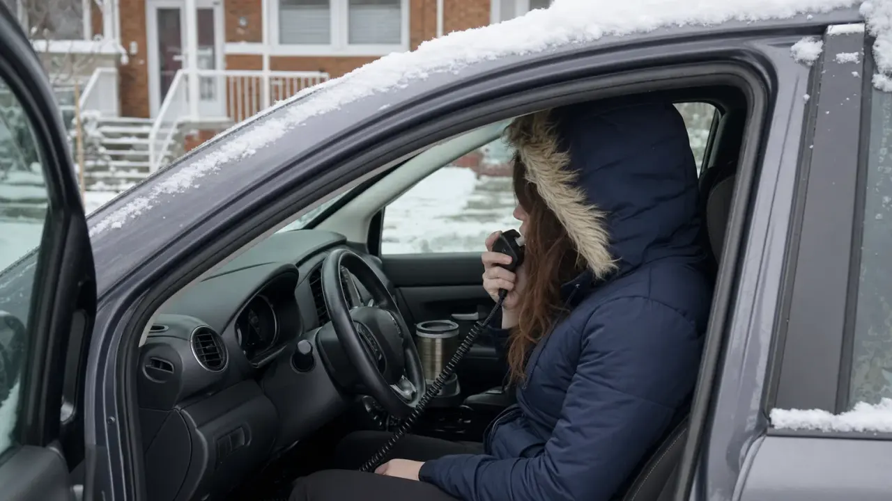 A woman in a navy parka sitting in a snowy driveway in her car with the door open, blowing into an ignition interlock handset on a coiled cord before she can start the engine in Ontario