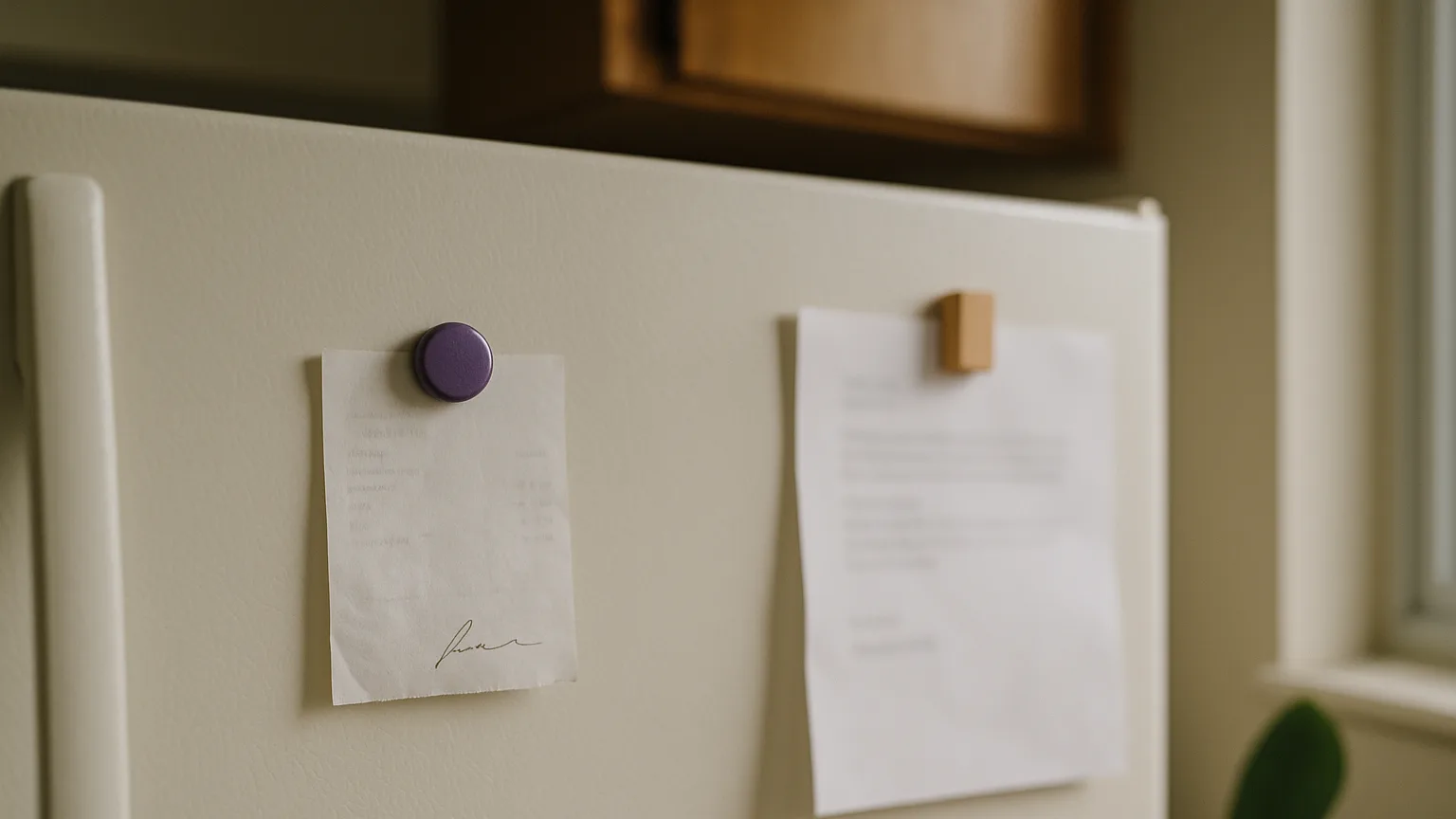 A payment receipt held on a refrigerator door by a purple magnet beside a folded letter, the kind of proof a tenant keeps after paying half the arrears before an LTB hearing