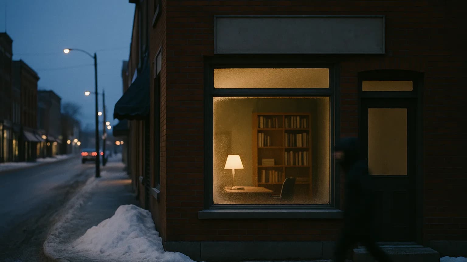 A small professional office on a Canadian main street at blue hour in winter, warm lamplight and bookshelves visible through the window, fresh snow on the sidewalk and a passer-by blurred by motion