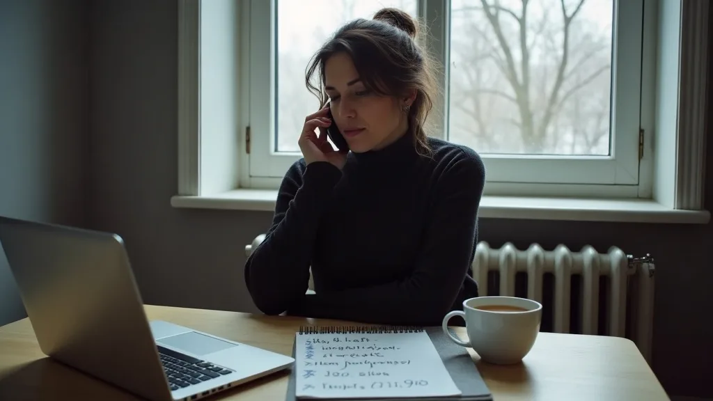 Woman at a Toronto kitchen table on the phone working through a handwritten shortlist of names for a lawyer referral service