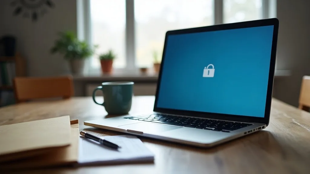 A laptop on a kitchen table showing a video call waiting screen beside a folder, a mug and a printed form, representing a remote Landlord and Tenant Board hearing in Ontario