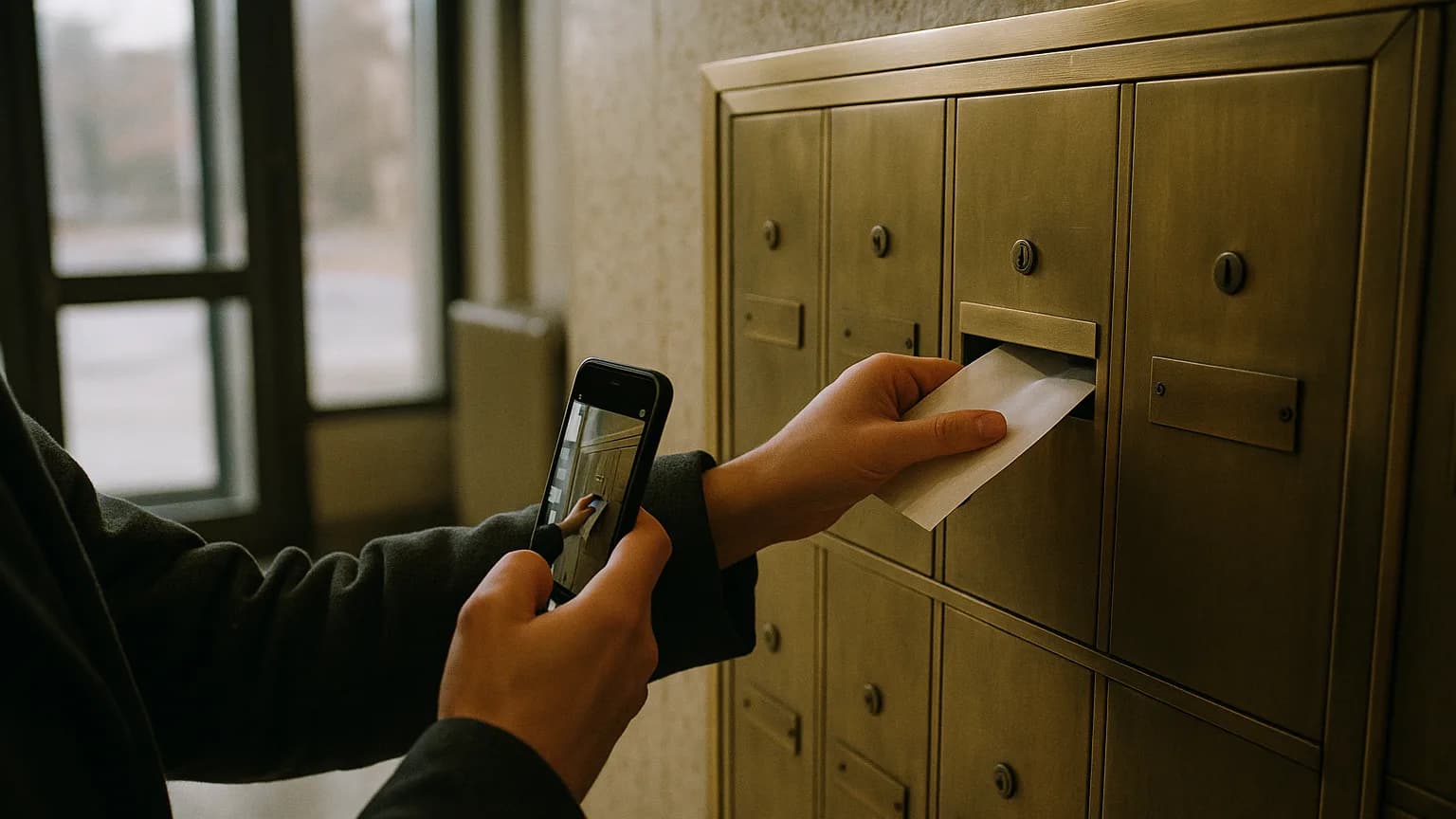 A tenant's hand slides a folded notice into a brass apartment-lobby mailbox while the other hand photographs it on a phone, a record of the day an N9 was delivered to the landlord