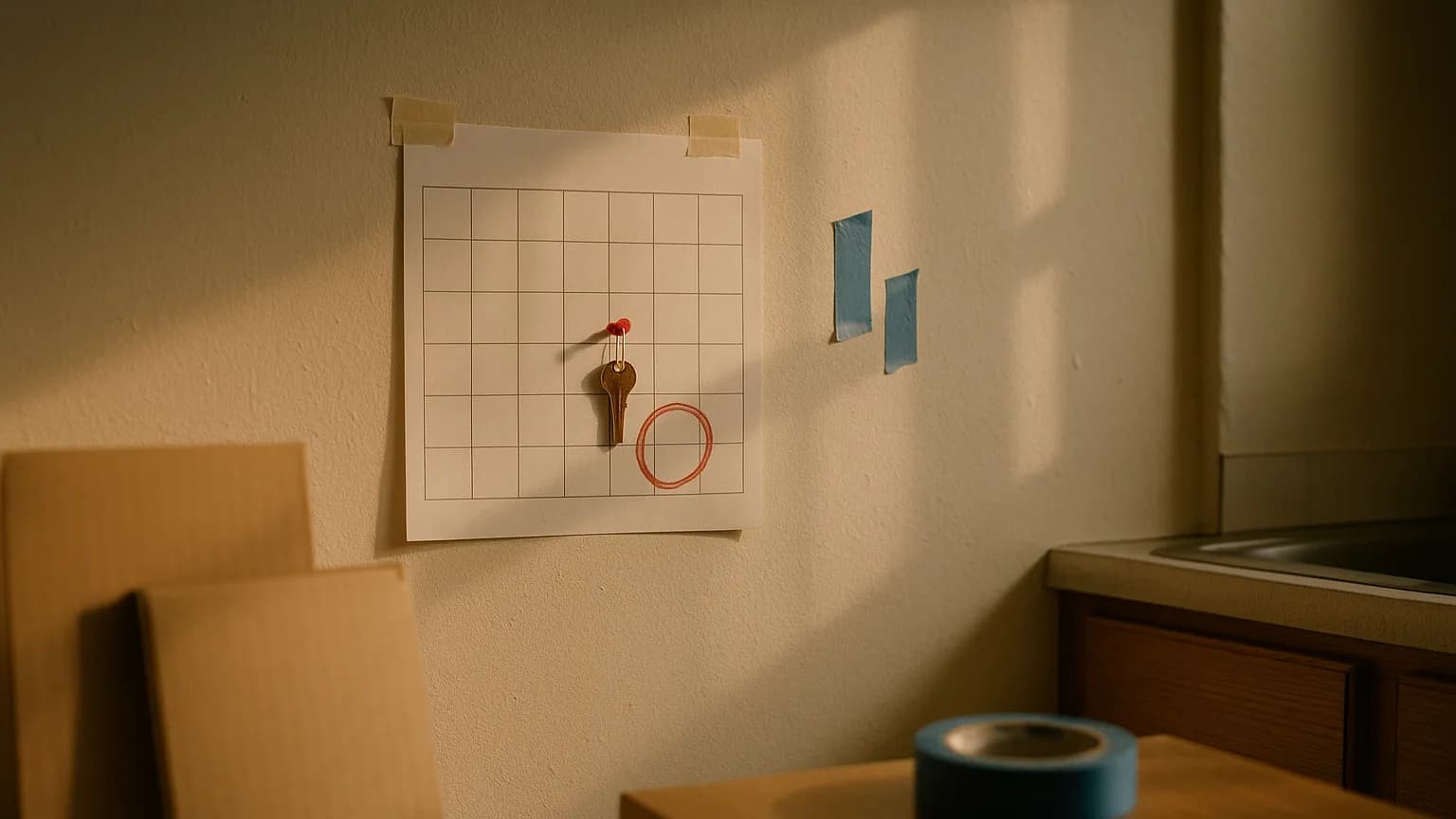 A paper calendar taped to an apartment wall with a red circle around a day near the end of the month and a door key pinned beside it, the date a tenant chooses for an N9 form in Ontario