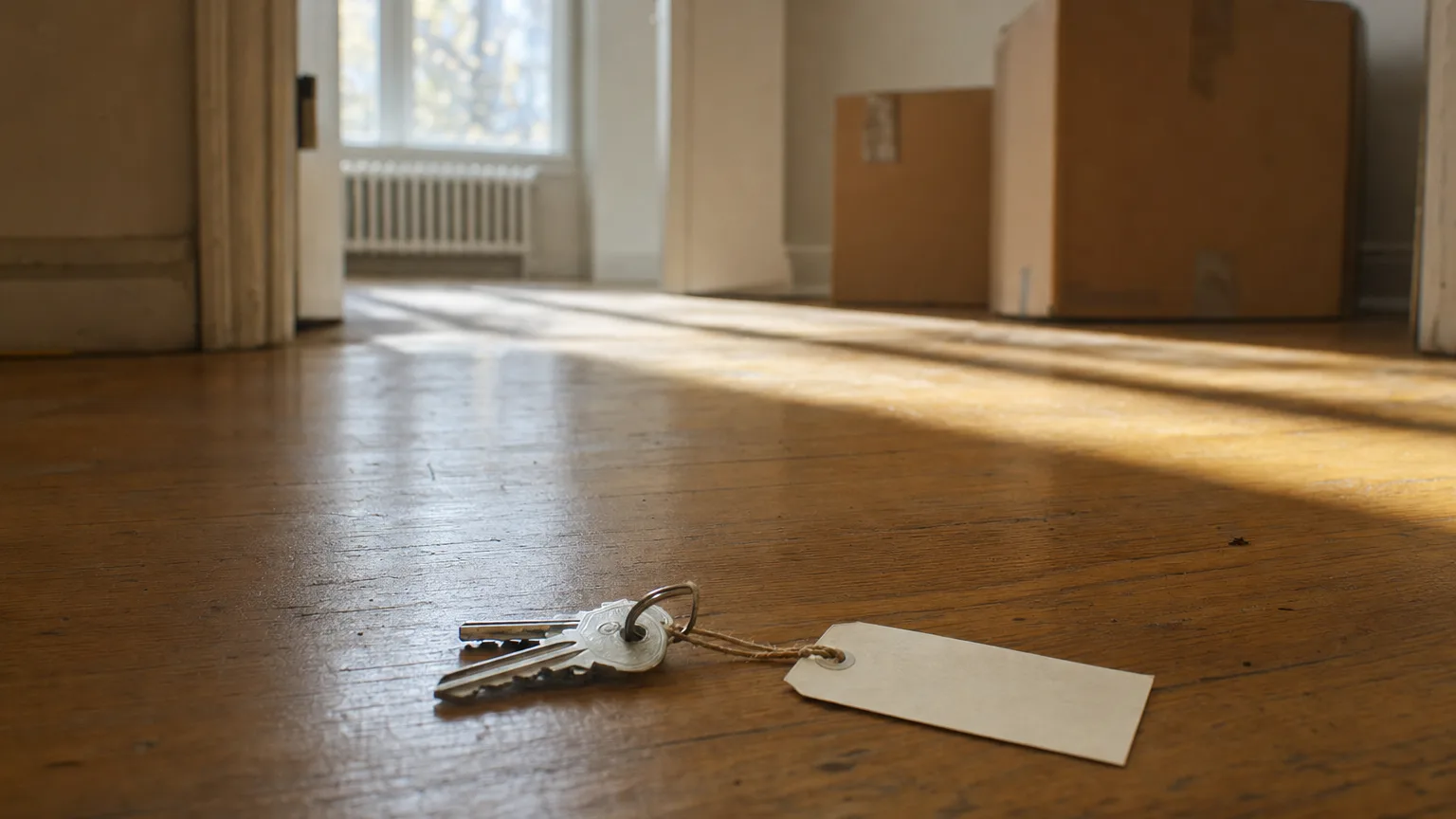 Ontario lease agreement keys with a blank paper tag on the hardwood floor of an empty apartment on moving day
