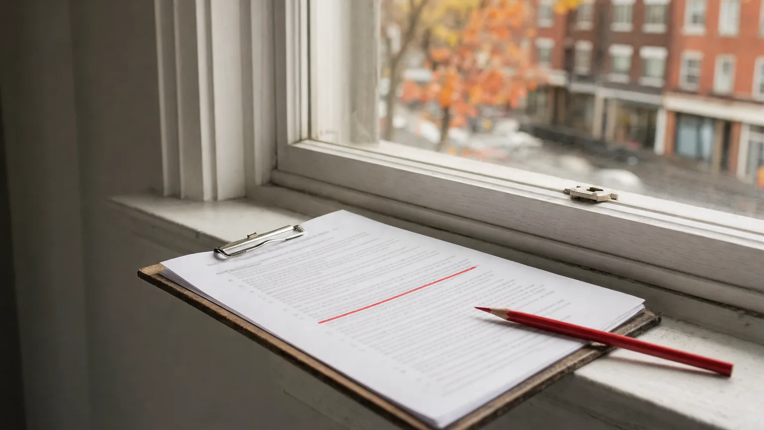 Ontario standard lease on a wooden clipboard by an apartment window, one paragraph of additional terms struck through in red pencil