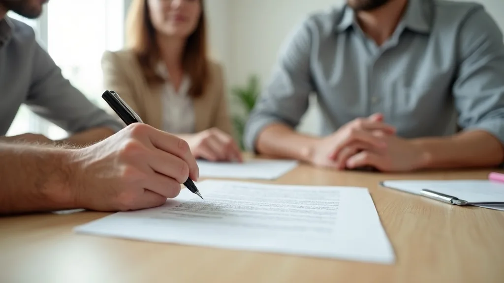 A person signing an Ontario power of attorney form while two witnesses look on at a lawyer's desk