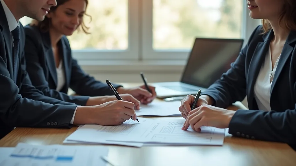 A separating couple and a family lawyer signing a separation agreement across a desk in a modern Ontario office, pen and documents in view