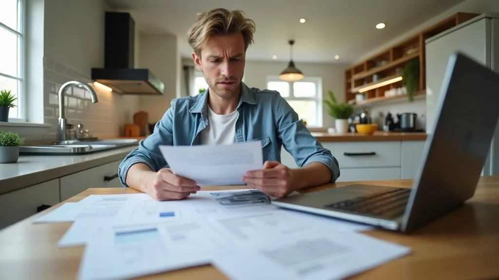 A person reviewing small claims court documents and bills at a kitchen table with a laptop in Ontario