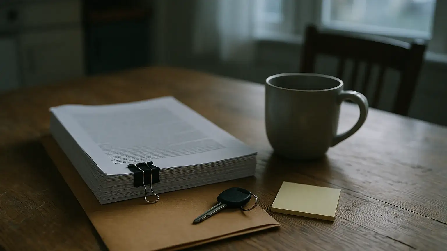 A thick stack of photocopied court disclosure pages held by a binder clip on a kitchen table beside a single car key and a mug of coffee, the evidence a stunt driving defence in Ontario is built on
