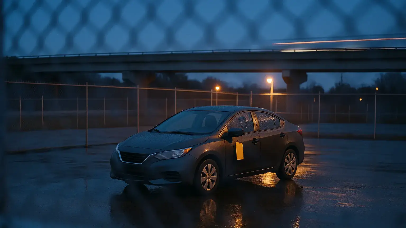A dark sedan parked alone behind a chain-link fence in a vehicle impound lot at blue hour, a blank yellow tag on its mirror and a highway overpass behind, the 14-day impound that follows a stunt driving charge in Ontario